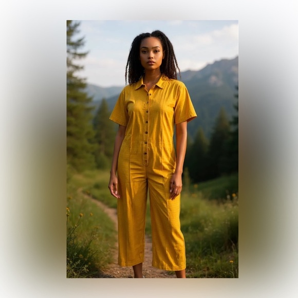 DUSHYANT Jumpsuit Yellow Tan Drop Crotch Button Up Short Sleeve Size SM - Picture 1 of 9